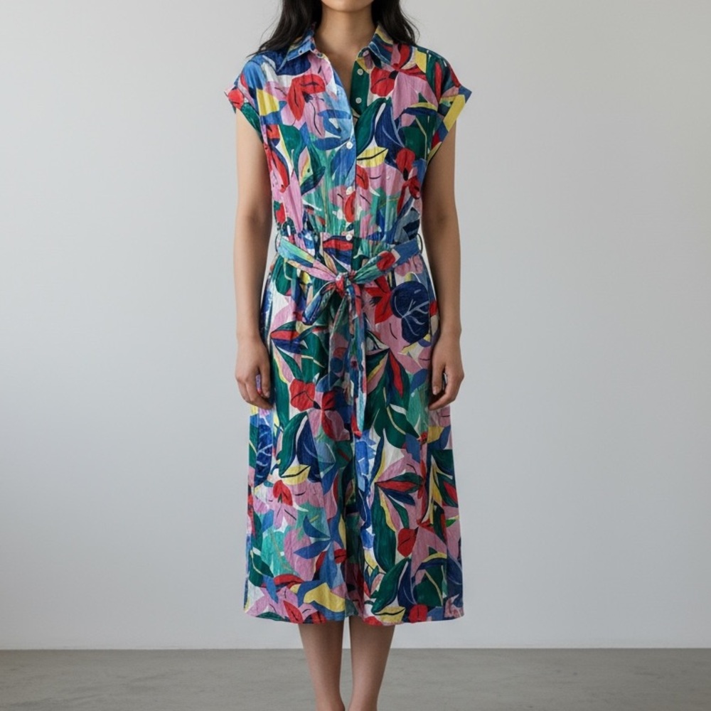 Maggy London Floral Cap Sleeve Cotton Voile midi Shirt dress size 12 Green Blue